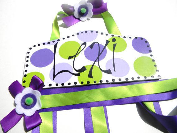 Plaque Hair Bow Holders Lexi Green and Purple Polka Dot-plaque hair bow holder