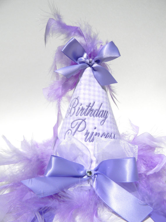 Boutique Style Birthday Party Hats-Lavender Gingham-birthday party hats, hair bows, hair bow holders, tutu, tooth fairy pillows, headbands, pendants, charms, hairbow, hairbow holder, barrette holder, personalize hair bow holder, hairbows, ballerina bow holder, ballet bow holder, animal print bow holder, tooth pillow, party hats, birthday party hat, 1st birthday party hat, 1st birthday