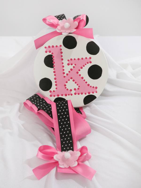 White w/ Black Dots Initial Hair Bow Holder-hair bow holder, hair bows, hair bow holders, tutu, tooth fairy pillows, headbands, pendants, charms, hairbow, hairbow holder, barrette holder, personalize hair bow holder, hairbows, ballerina bow holder, ballet bow holder, animal print bow holder, tooth pillow, party hats, birthday party hat, 1st birthday party hat, 1st birthday