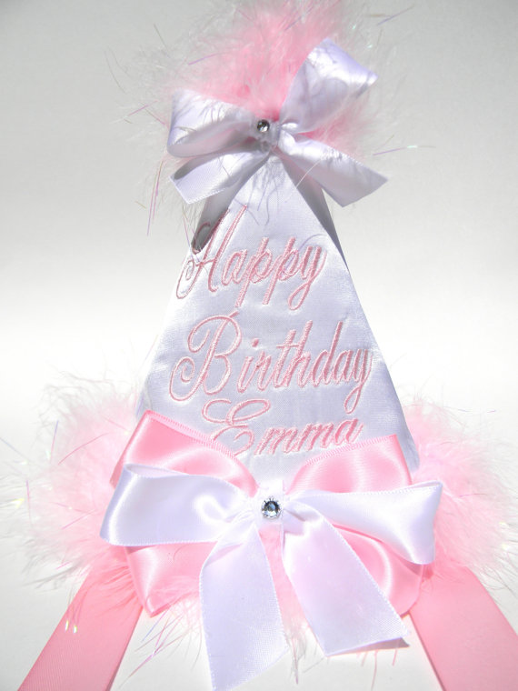 Boutique Style Birthday Party Hats-White Satin with Baby Pink-birthday party hats, hair bows, hair bow holders, tutu, tooth fairy pillows, headbands, pendants, charms, hairbow, hairbow holder, barrette holder, personalize hair bow holder, hairbows, ballerina bow holder, ballet bow holder, animal print bow holder, tooth pillow, party hats, birthday party hat, 1st birthday party hat, 1st birthday